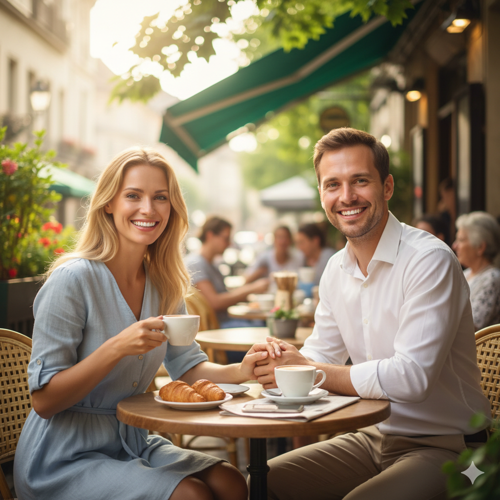 A man and woman enjoy coffee and croissants at a table, engaged in conversation.
